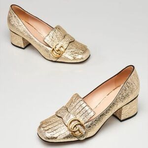 Gucci Gold Galassia Platino Crackle Heels Women's Loafers